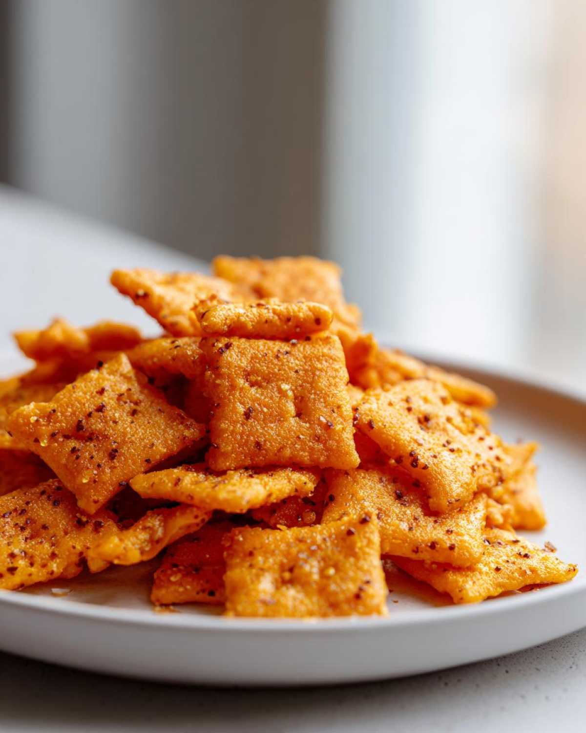 A close-up of a pile of bright orange, square homemade healthy cheez-its seasoned with dark spices on a light gray plate.
