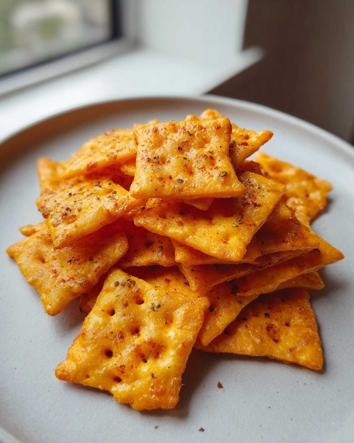 A close-up stack of freshly baked homemade healthy cheez-its seasoned with pepper flakes on a light gray plate.