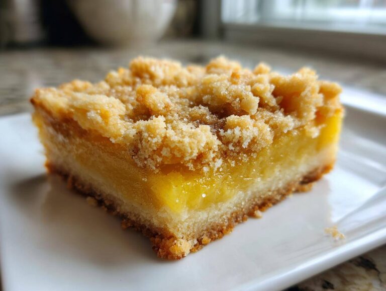 A single square of homemade lemon crumb bars showing a thick, bright yellow lemon filling and a textured, sugary crumb topping.