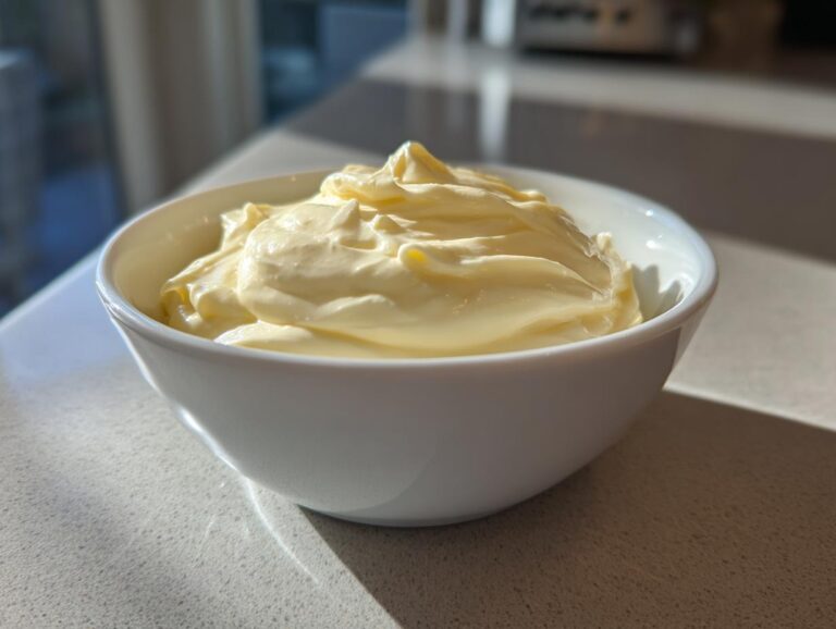 A close-up of thick, creamy homemade mayonnaise swirled in a small white bowl, brightly lit by sunlight.