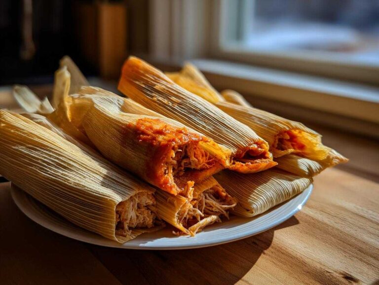 A stack of freshly unwrapped Homemade Tamales showing shredded chicken filling and red sauce, resting on a white plate.