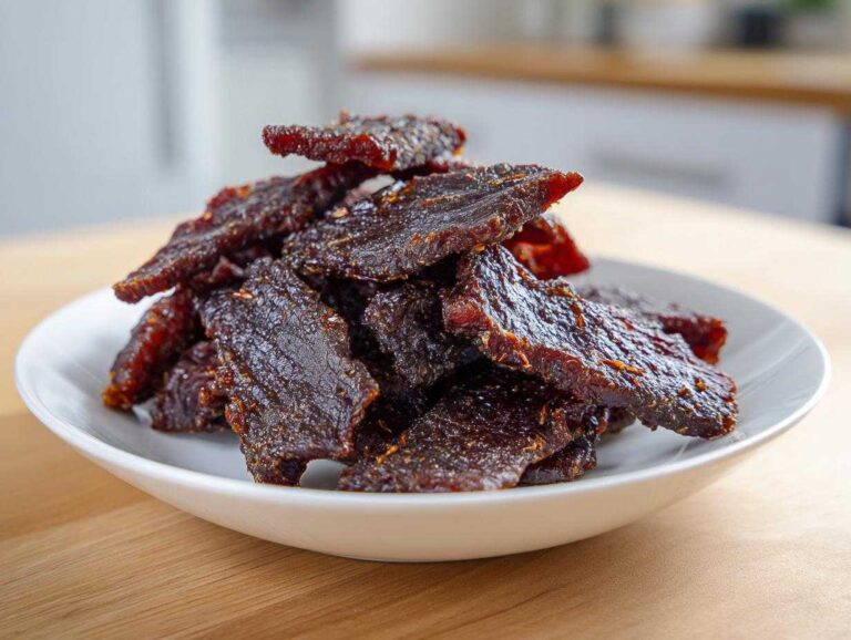 Close-up of a mound of glossy, dark brown teriyaki beef jerky pieces stacked on a white plate.