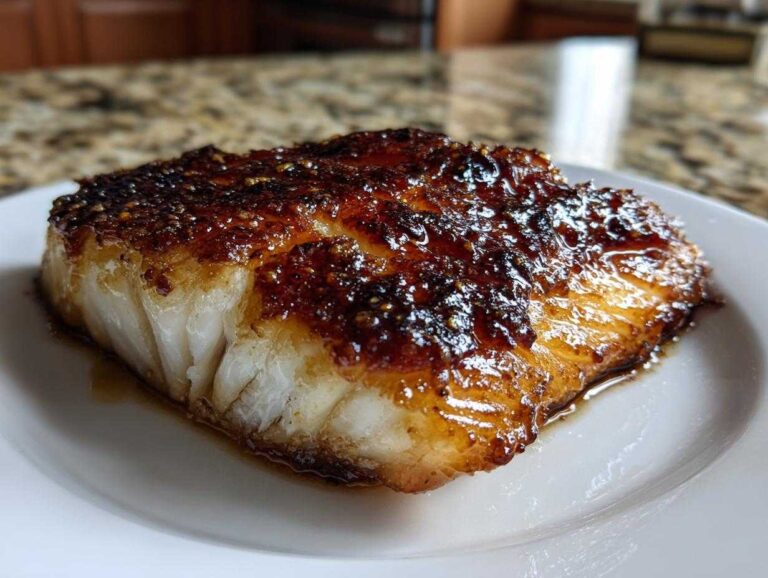 Close-up of a thick, flaky fillet of honey baked cod with a dark, caramelized, and glossy glaze.