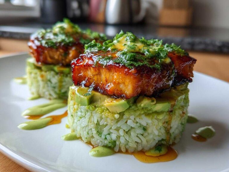 Two servings of honey lime chicken & avocado rice stack, featuring glazed chicken on avocado rice cylinders.