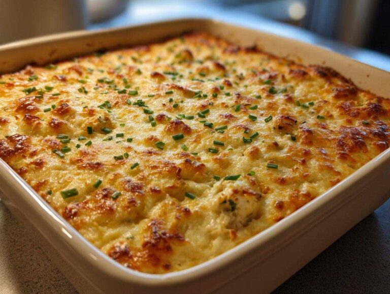 A close-up of a freshly baked, hot crab dip recipe in a square baking dish, topped with golden melted cheese and fresh chives.