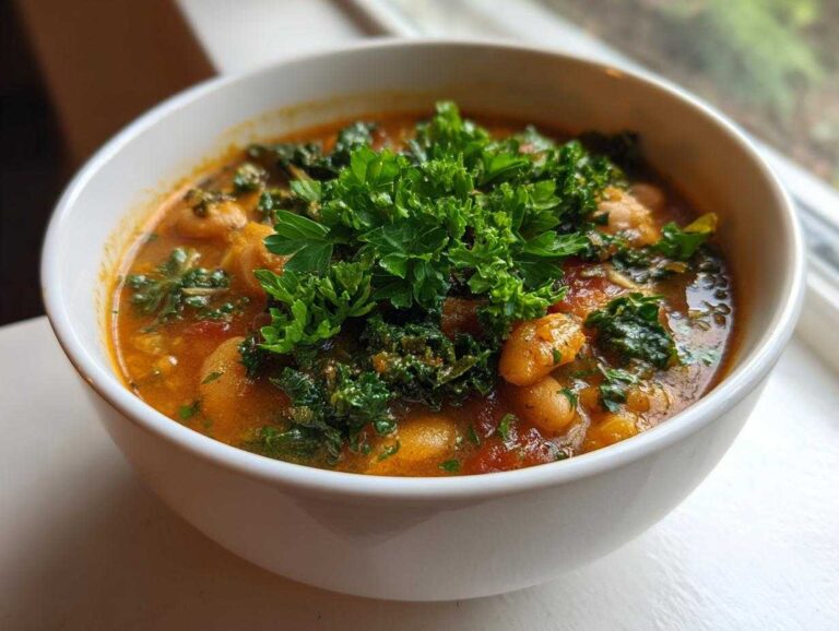 Close-up of Ina Garten Tuscan White Bean Soup, featuring white beans, tomato broth, kale, and fresh parsley.