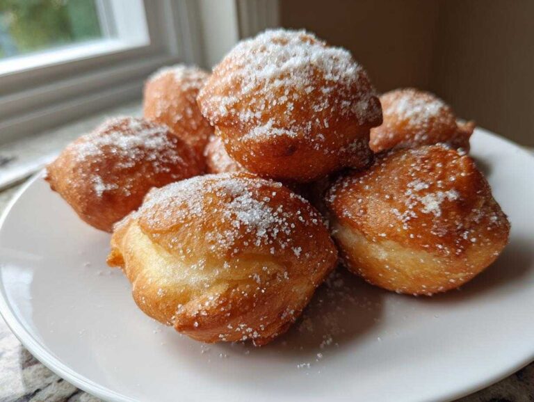A pile of golden brown jamaican fried dumplings with sugar sprinkled generously on top, served on a white plate.