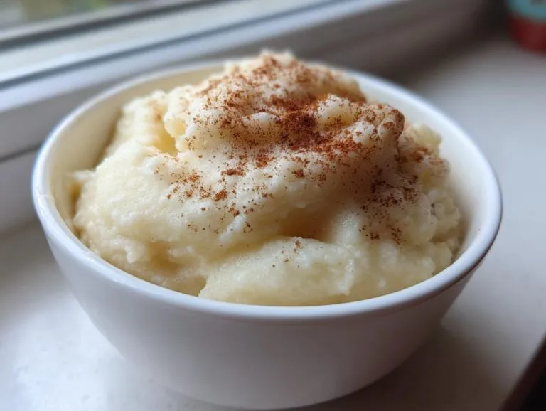 Close-up of creamy Jamaican green banana porridge served in a white bowl, topped with a dusting of cinnamon.