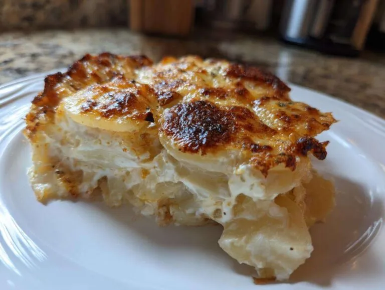 A close-up of a perfectly baked slice of creamy Joanna Gaines scalloped potatoes recipe with a golden-brown, cheesy crust.