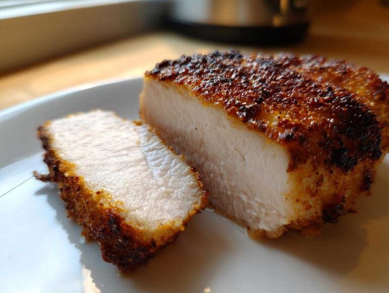 Close-up of perfectly cooked, juicy air fryer chicken breast sliced open showing white interior and crispy seasoned crust.