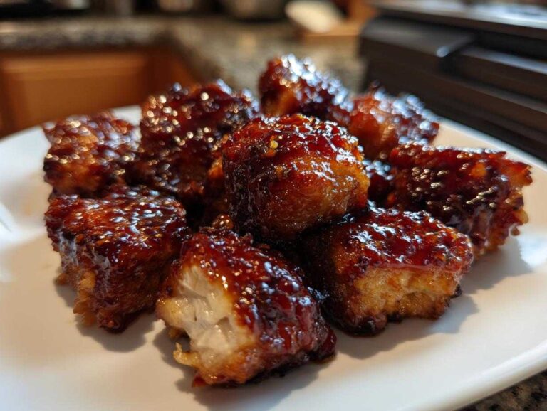 Close-up of several juicy, glazed BBQ chicken pieces piled on a white plate, showing the sticky sauce.