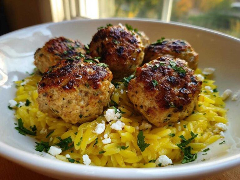 Close-up of five golden-brown greek chicken meatballs served over yellow orzo pasta, topped with feta and parsley.
