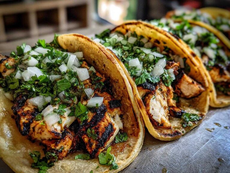 Close-up of several Grilled Chicken Street Tacos filled with charred chicken, topped with diced white onion and cilantro.