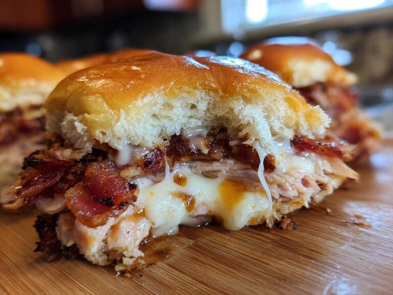 Close-up of a Kentucky Hot Brown Sliders half showing melted cheese dripping over turkey and crispy bacon on a brioche bun.