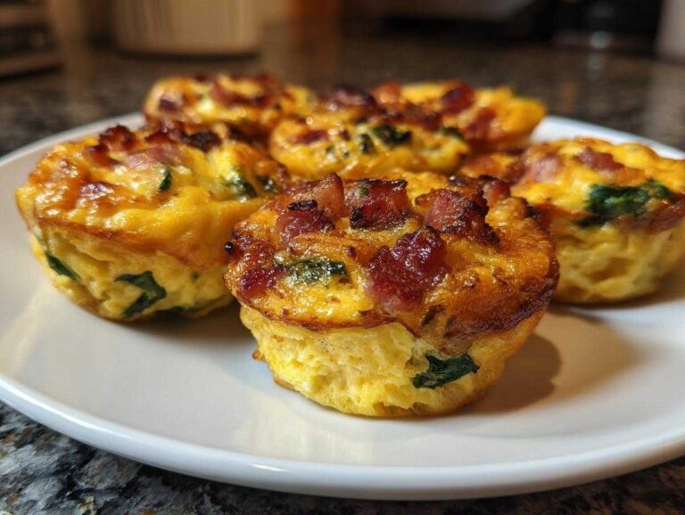 A plate holding several baked keto egg bites topped with crispy bacon pieces and visible spinach.