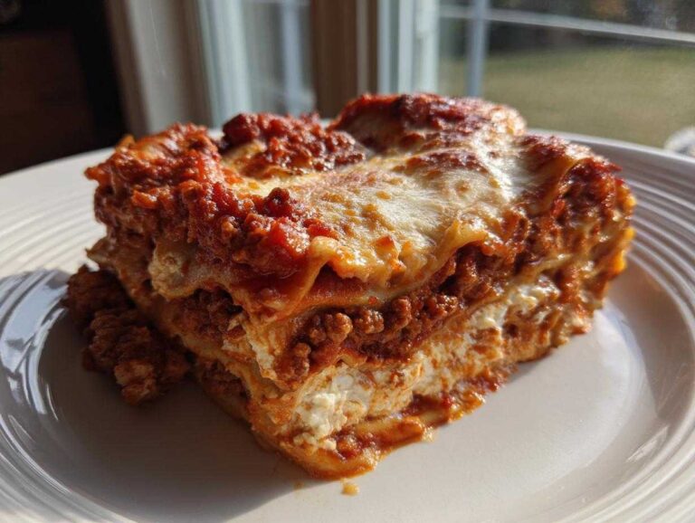 A thick, layered slice of lasagna with ricotta cheese, meat sauce, and melted cheese topping, served on a white plate.