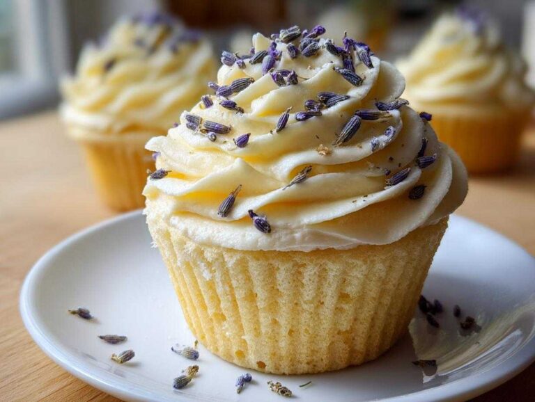 Close-up of a single lavender honey cupcake with creamy white frosting topped with dried lavender buds.