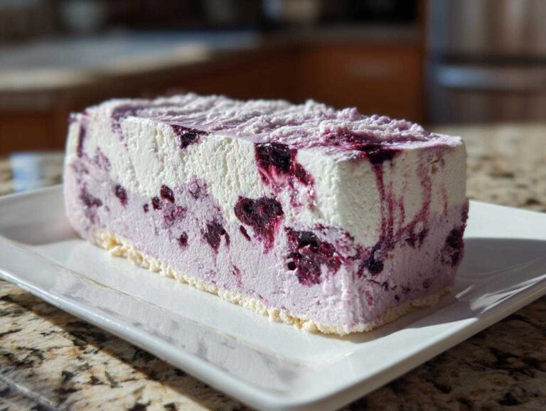 A rectangular slice of layered Lavender Mousse Cake featuring a purple berry swirl and white topping on a white platter.