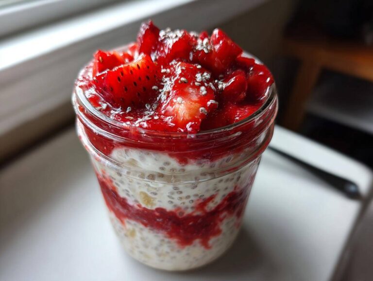 Close-up of layered cottage cheese strawberry cheesecake chia seed pudding in a glass jar topped with fresh strawberries and chia seeds.
