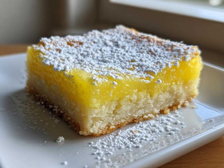 A close-up of a single square of Lemon Bars with Shortbread Crust, topped generously with powdered sugar.