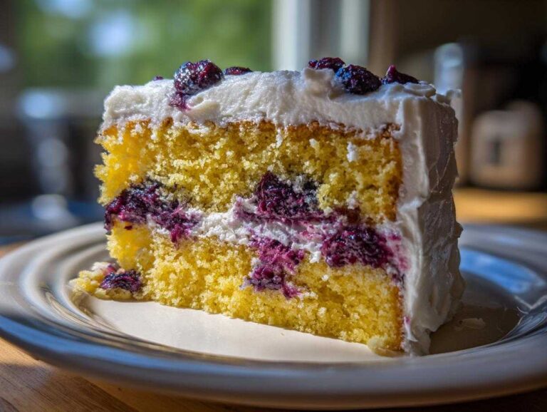 Close-up of a moist slice of lemon blueberry cake with layers of cream cheese frosting and fresh blueberries.