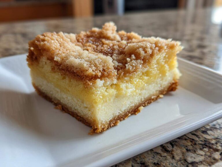 A square slice of lemon cream cheese dump cake with a crumb topping on a white plate.