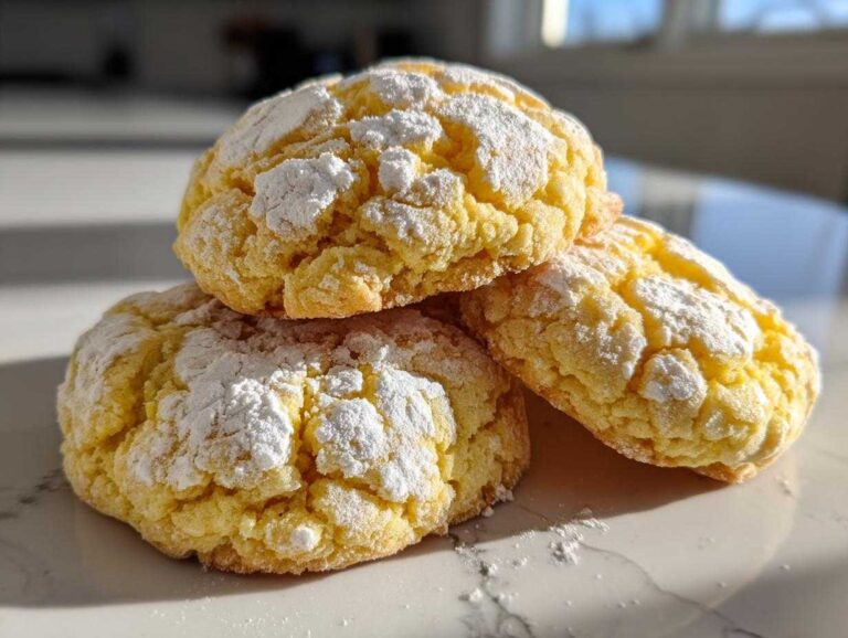 Three bright yellow lemon crinkle cookies dusted heavily with powdered sugar, stacked on a white marble surface.