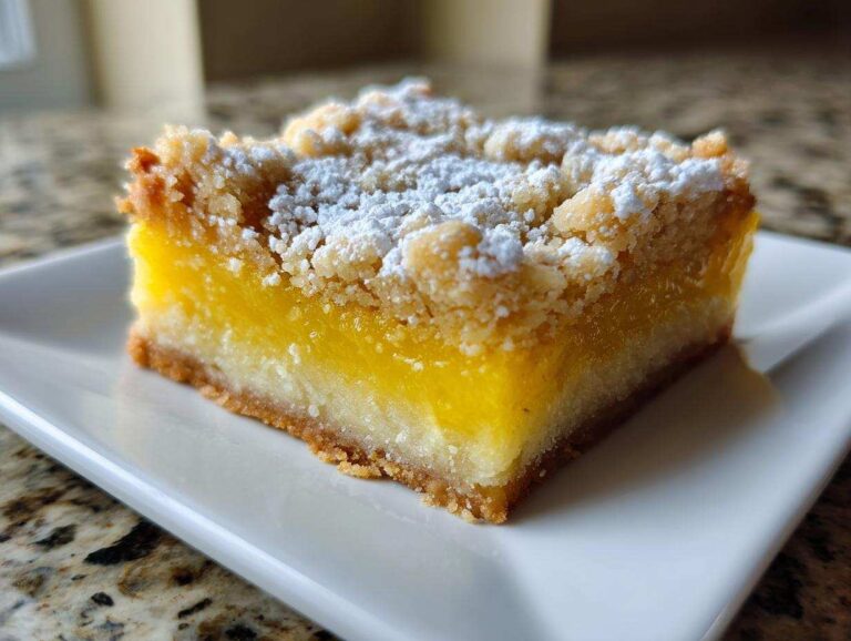 A single serving of bright yellow lemon crumb bars topped with a buttery crumble and dusted with powdered sugar.