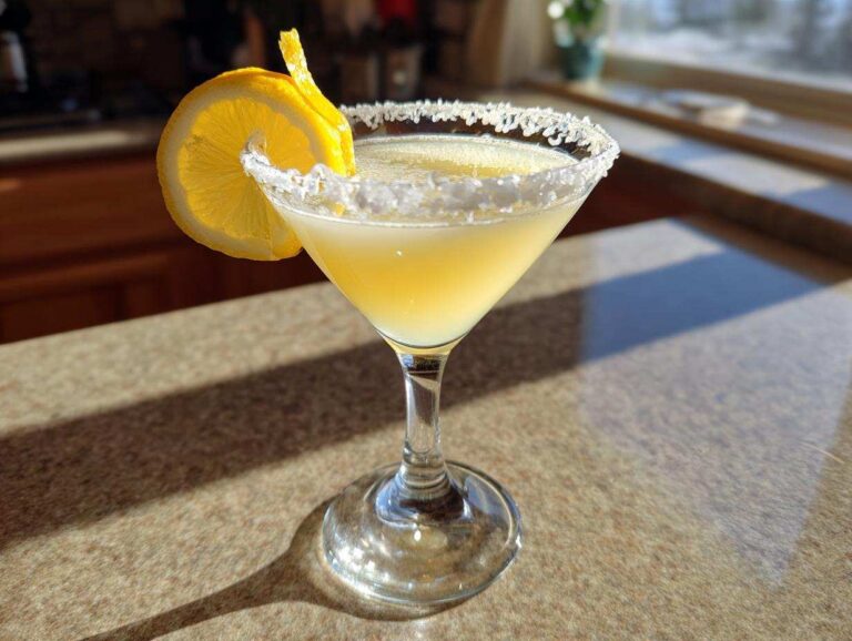 A bright yellow lemon drop martini in a coupe glass with a sugared rim and lemon twist garnish.