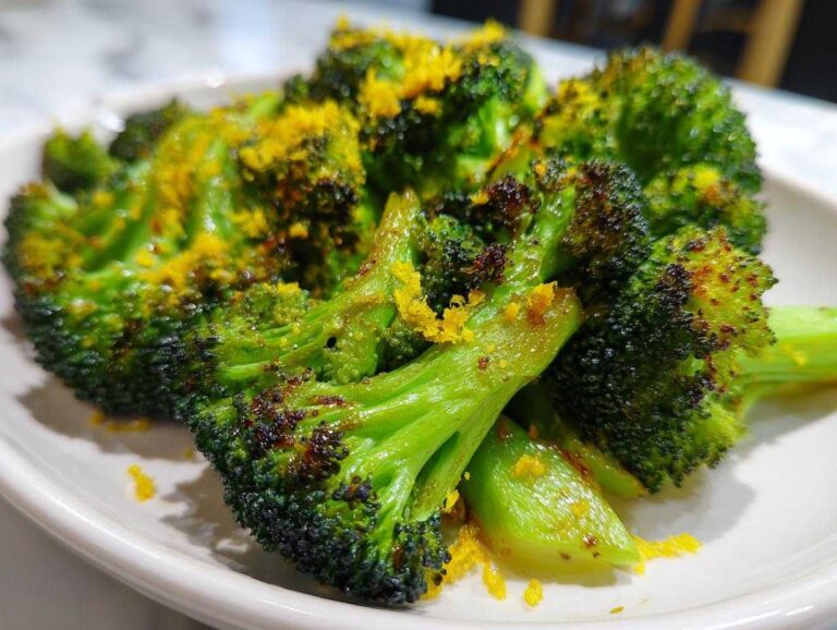 Close-up of bright green, roasted lemon garlic roasted broccoli topped with vibrant yellow lemon zest.