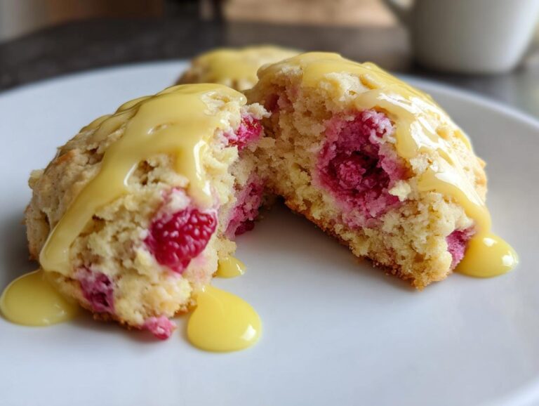 A lemon raspberry cookie cut in half, showing the bright pink raspberries inside and drizzled generously with yellow lemon glaze.