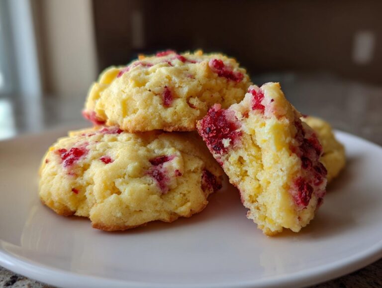 A stack of soft, freshly baked lemon raspberry cookies, one broken open to show the bright red fruit inside.