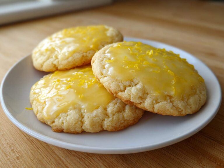 Three soft lemon sugar cookies topped with bright yellow lemon glaze and fresh zest on a white plate.
