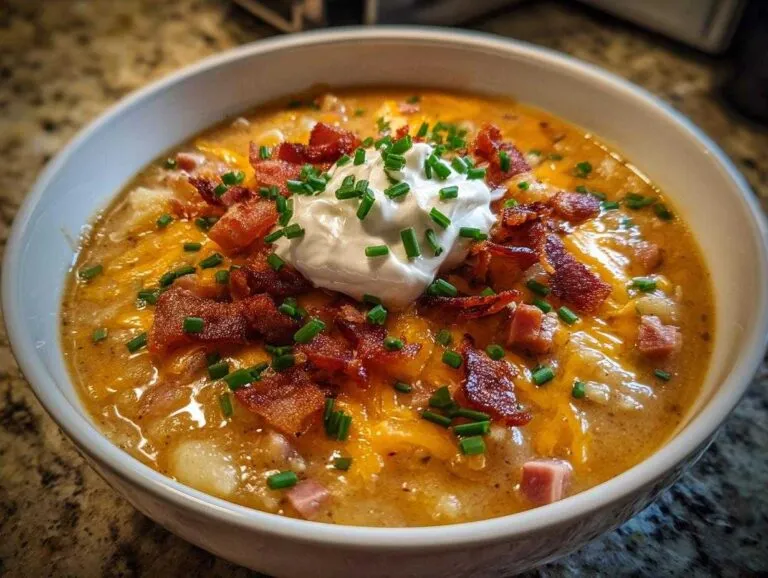 A close-up of a creamy bowl of loaded ham and potato soup topped with melted cheddar, bacon bits, sour cream, and chives.