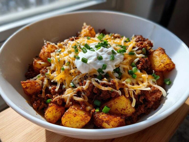 A close-up of a loaded potato taco bowl featuring seasoned potatoes, ground meat, shredded cheese, sour cream, and chives.