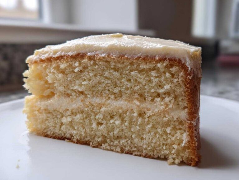 A close-up of a moist slice from the london fog cake recipe, showing two layers and creamy frosting.