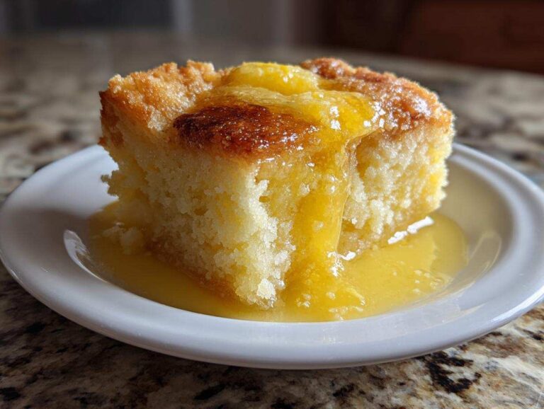 Close-up of a moist slice of magic lemon cobbler topped with a rich, yellow lemon sauce.