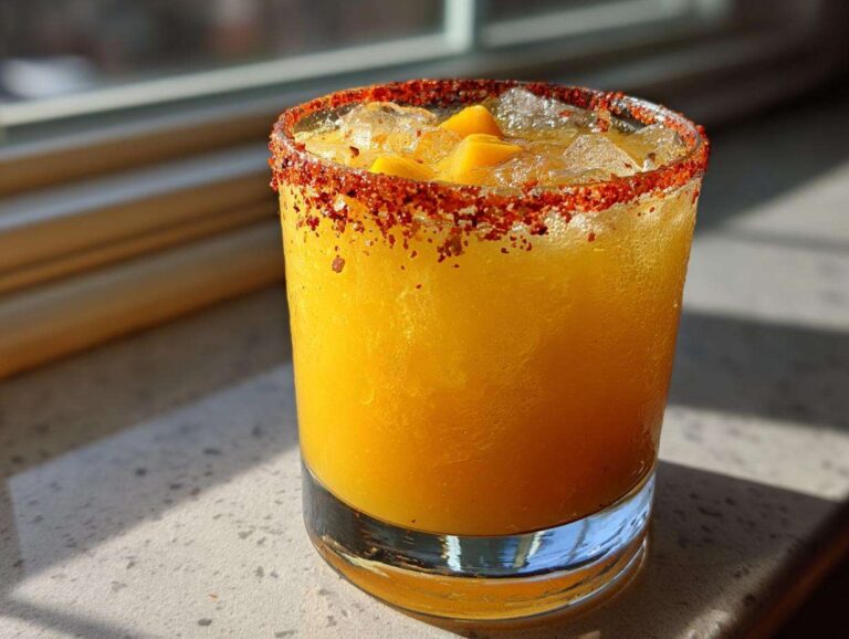 A bright yellow Mango Margarita in a rocks glass with a chili salt rim and fresh mango chunks on ice.