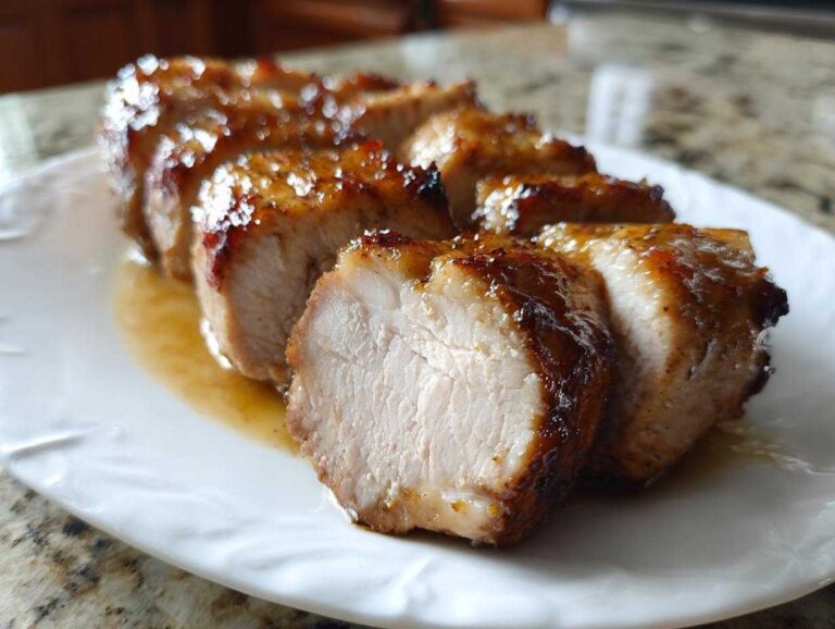 Close-up of perfectly cooked maple mustard pork tenderloin, sliced and glistening with a sweet glaze.
