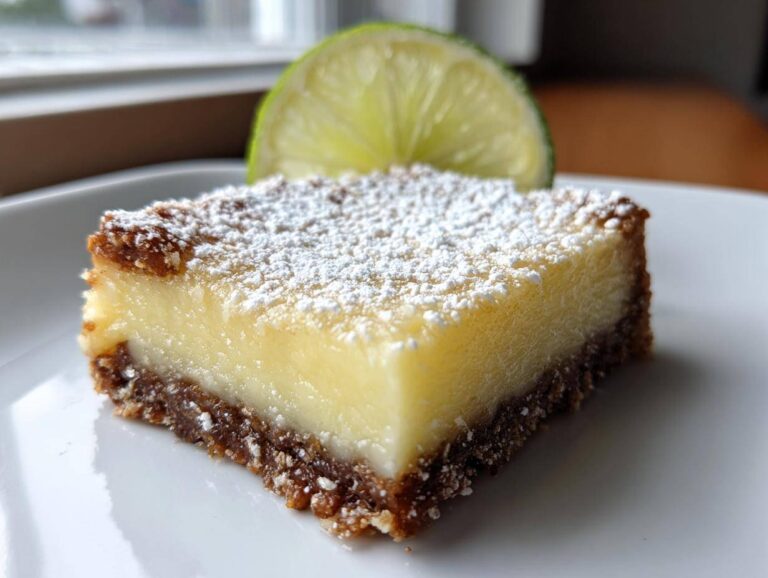 A single square of bright yellow Margarita Bars topped with powdered sugar and a lime slice.