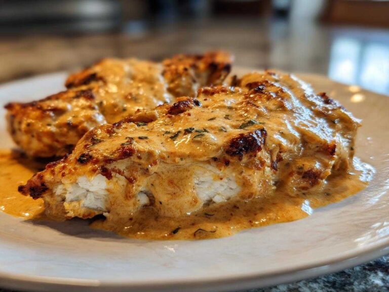 Close-up of perfectly cooked chicken breasts smothered in a rich, creamy sauce from the marry me chicken recipe.