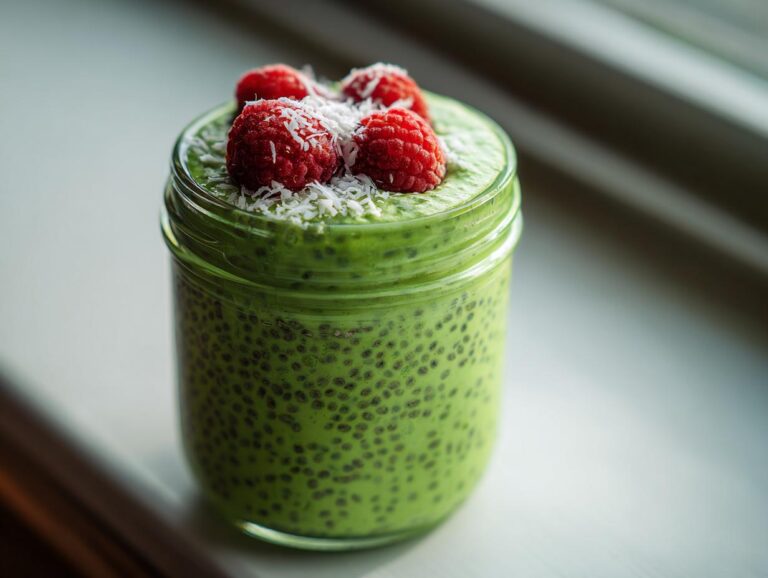 A vibrant green matcha chia pudding served in a glass jar, topped with fresh raspberries and shredded coconut.