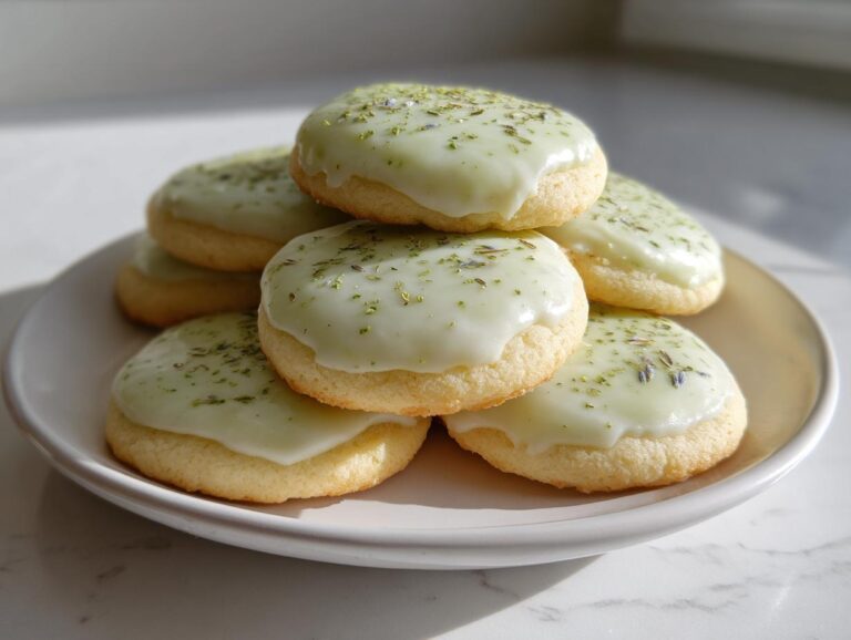 A stack of freshly baked matcha lavender sugar cookies topped with pale green glaze and dried lavender.
