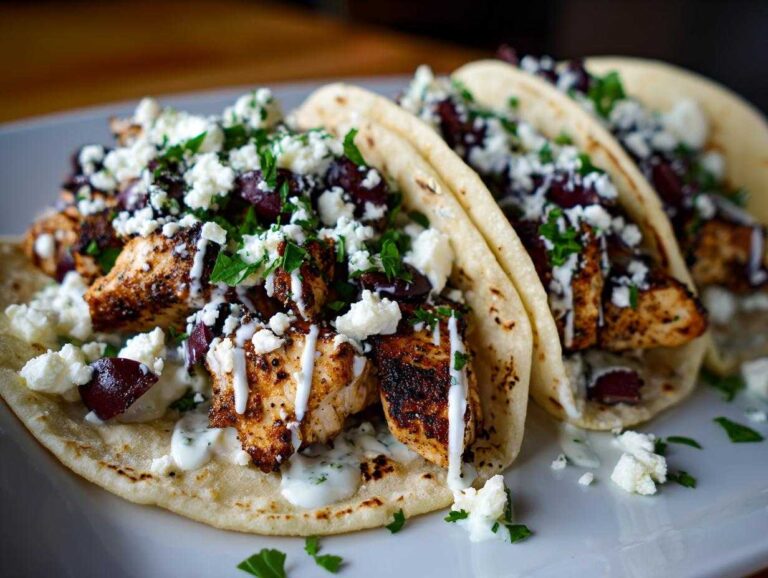 Three soft tortillas filled with seasoned chicken, feta cheese, olives, and drizzled with white sauce, showcasing amazing mediterranean chicken tacos.