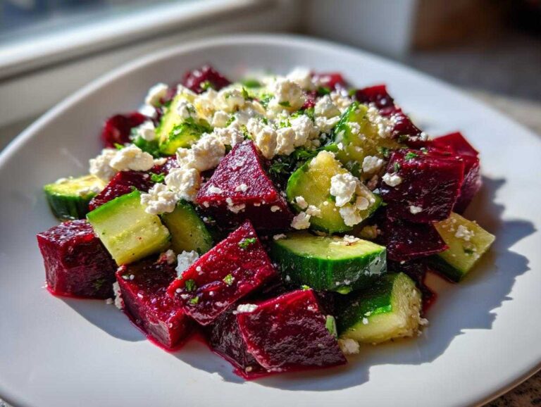 Close-up of a vibrant mediterranean cucumber feta beet salad featuring bright red beet cubes, green cucumber chunks, and crumbled white feta cheese.