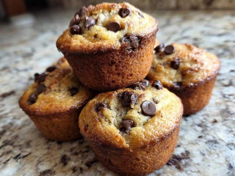 A close-up stack of four golden-brown mini chocolate chip muffins on a granite countertop.