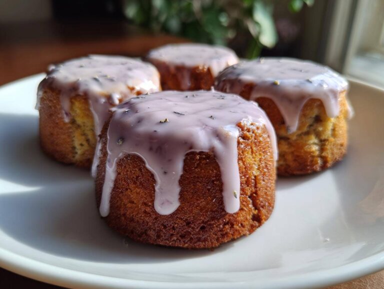 Four golden mini lemon cakes with a thick, dripping lavender glaze and sprinkled lavender buds.