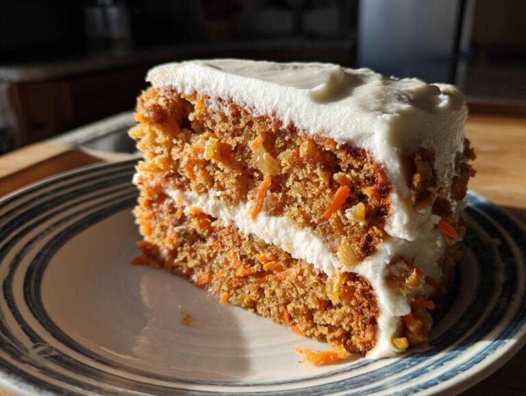 A close-up of a moist slice of hawaiian carrot pineapple cake layered with thick cream cheese frosting.