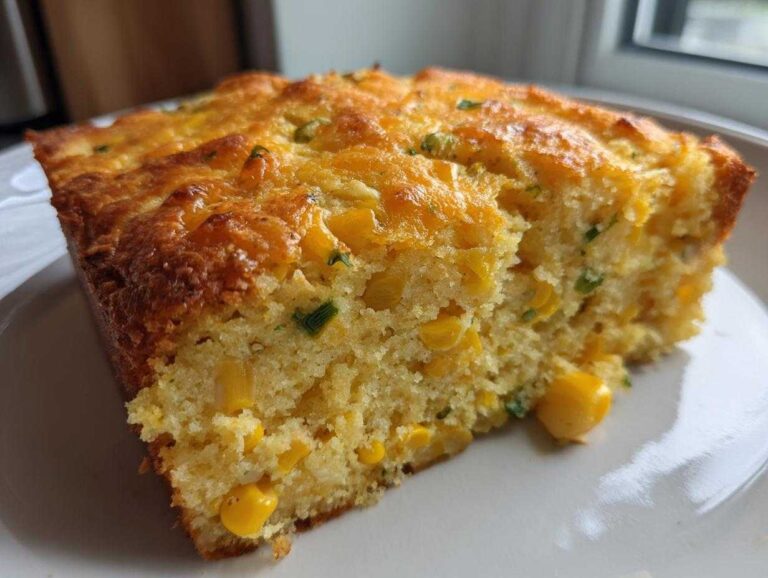 Close-up of a moist slice of Mexican cornbread, showing yellow corn kernels and green herbs baked inside.