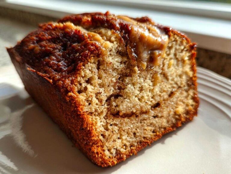 Close-up of a moist slice of peanut butter banana bread with a rich, caramelized top and peanut butter drizzle.